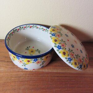 trinket dish jar with lid handmade Poland NWT floral ceramic (W5590)